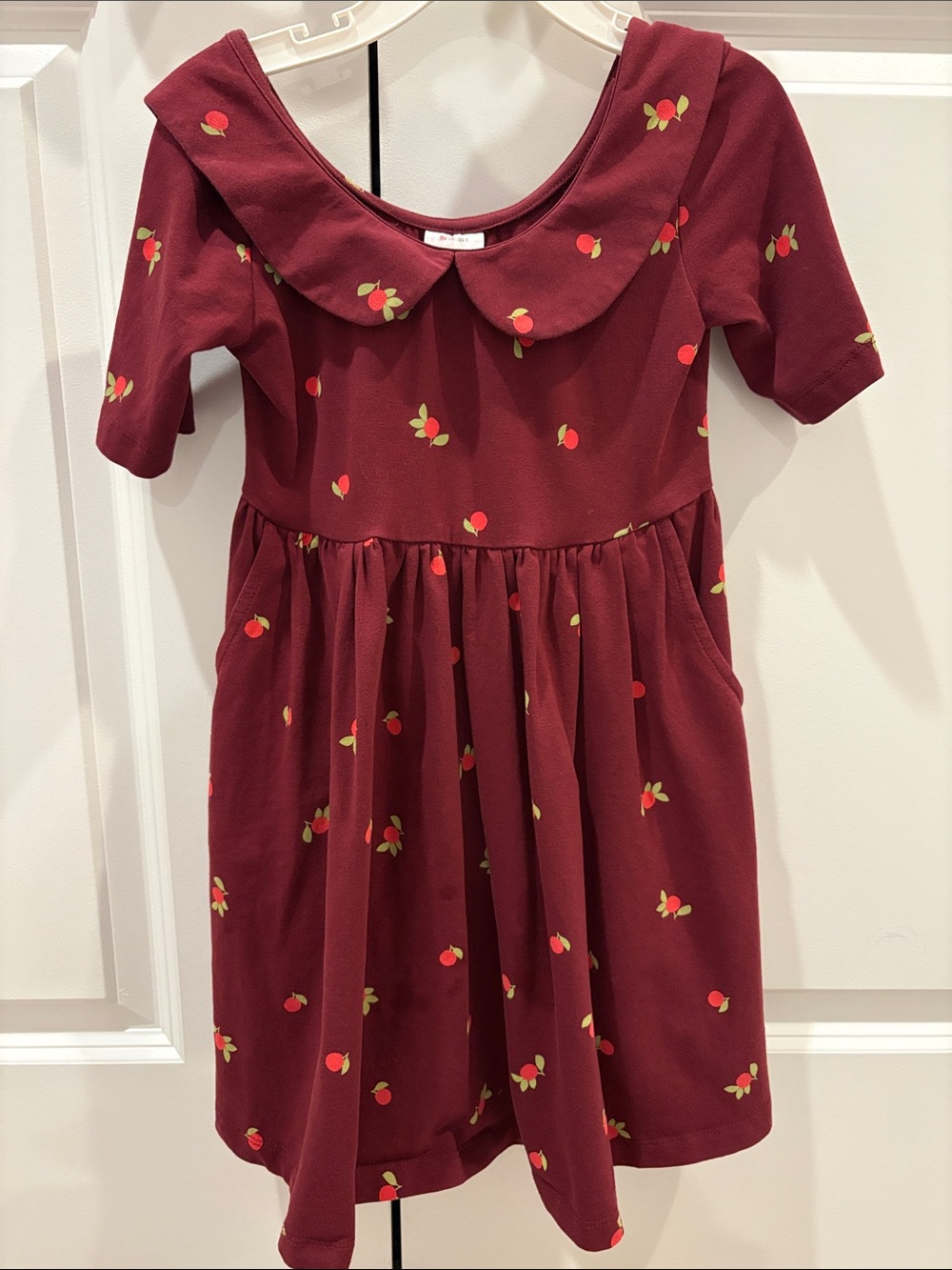Kids Apple Print Burgundy Dress with Peter Pan Collar
